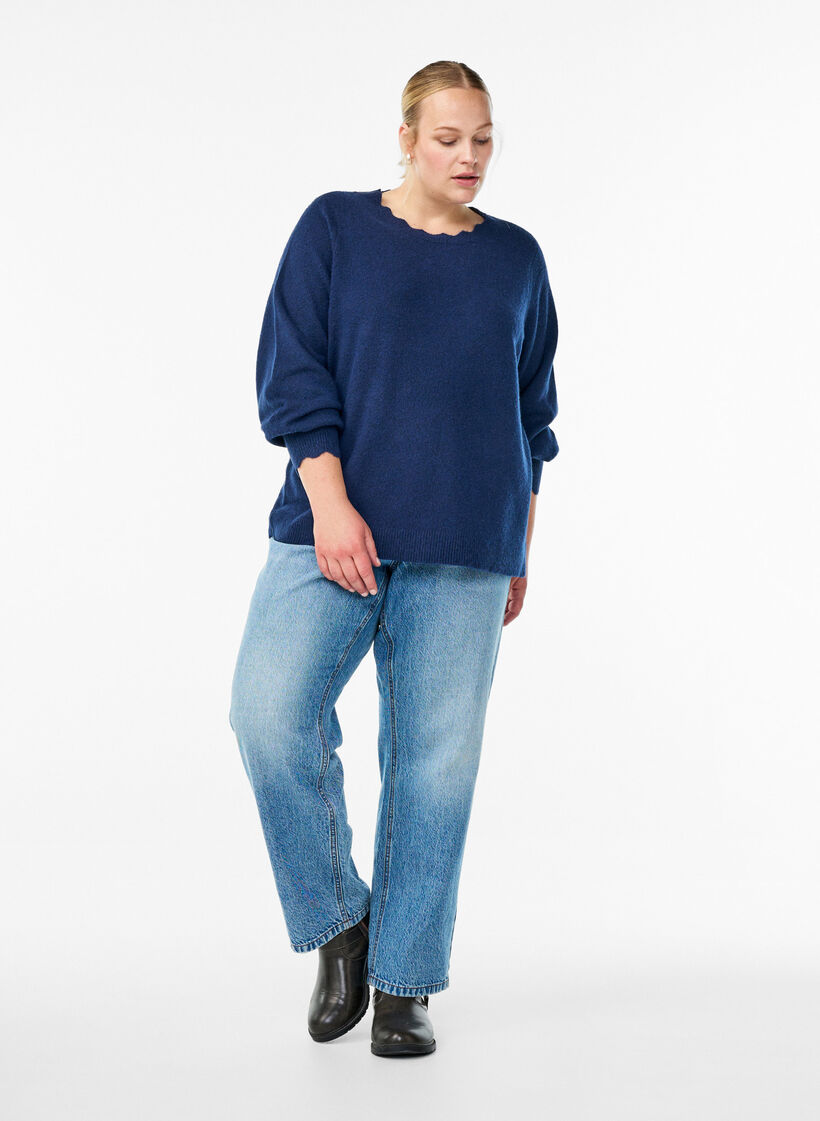 Knitted blouse with wavy edges, Blue, Model image number 1