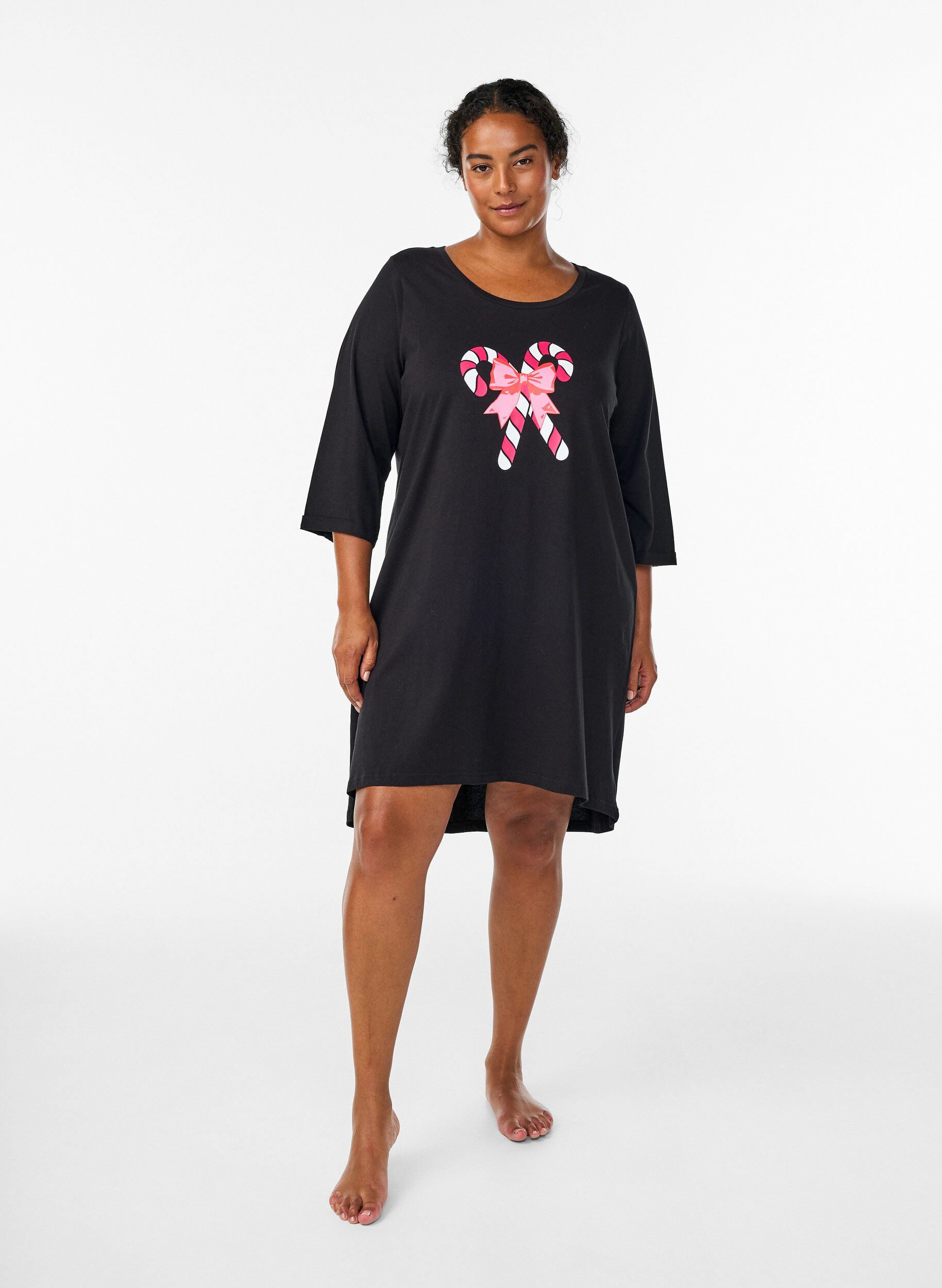 ZizzifashionNightdress in organic cotton with Christmas motif, Black, Model image number 1