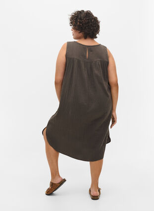 Sleeveless cotton dress in a-shape, Khaki, Model image number 1