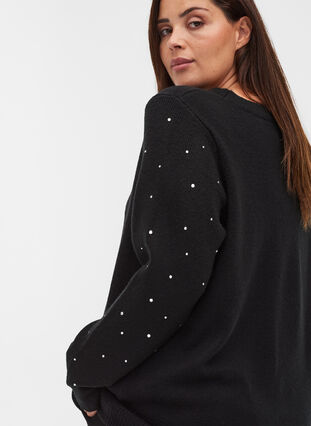 Knitted blouse with ribbing and rhinestones, Black, Model image number 2