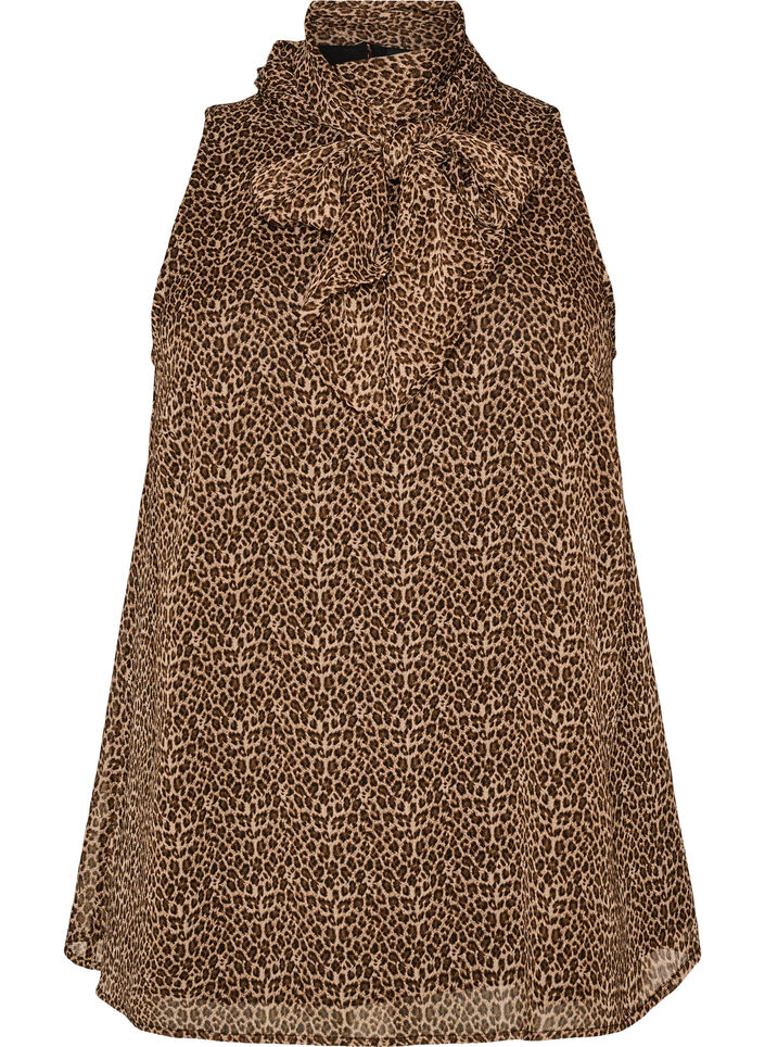 High-neck sleeveless blouse with a bow, Brown, Packshot image number 0