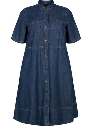 Denim shirt dress with short sleeves, Dark blue denim, Packshot image number 0