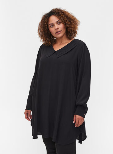 Viscose tunic with v-neckline and collar, Black, Model image number 0