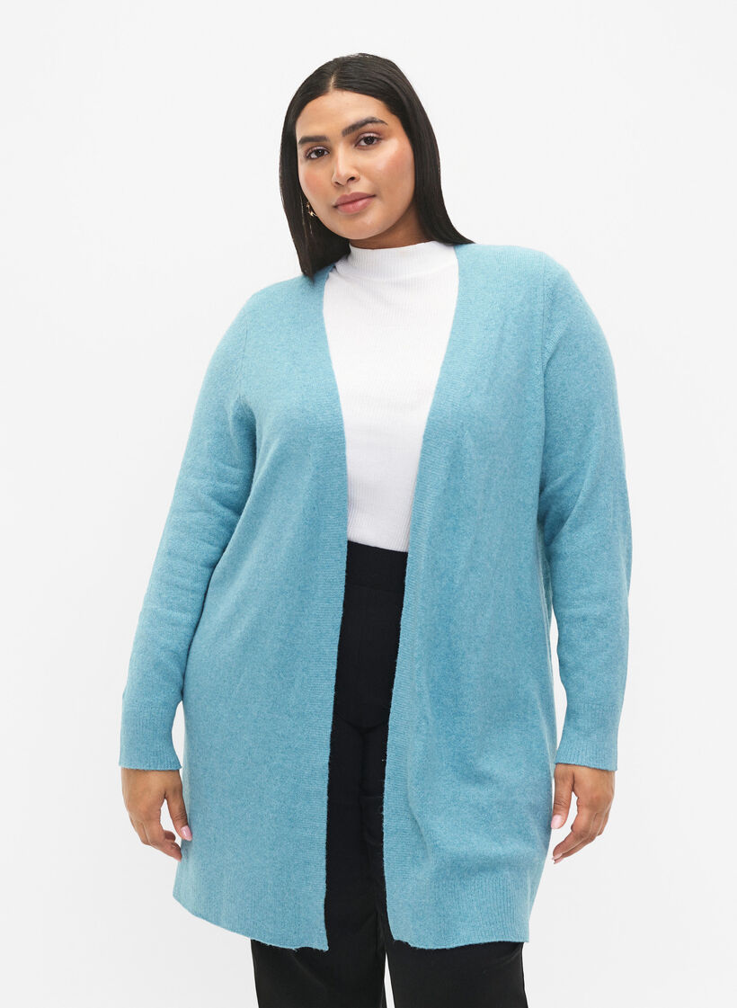 Long open front cardigan, Reef Water Mel., Model image number 0