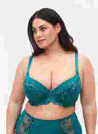 Lace bra with underwire and padding, Green-Blue Slate, Model