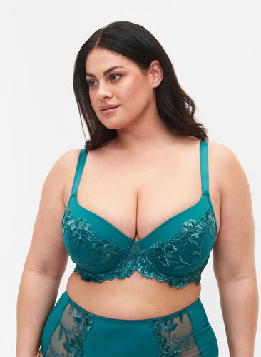 Lace bra with underwire and padding, Green-Blue Slate, Model image number 0