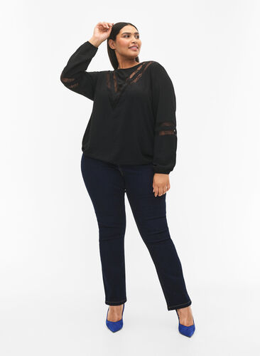 Long-sleeved blouse with lace, Black, Model image number 2
