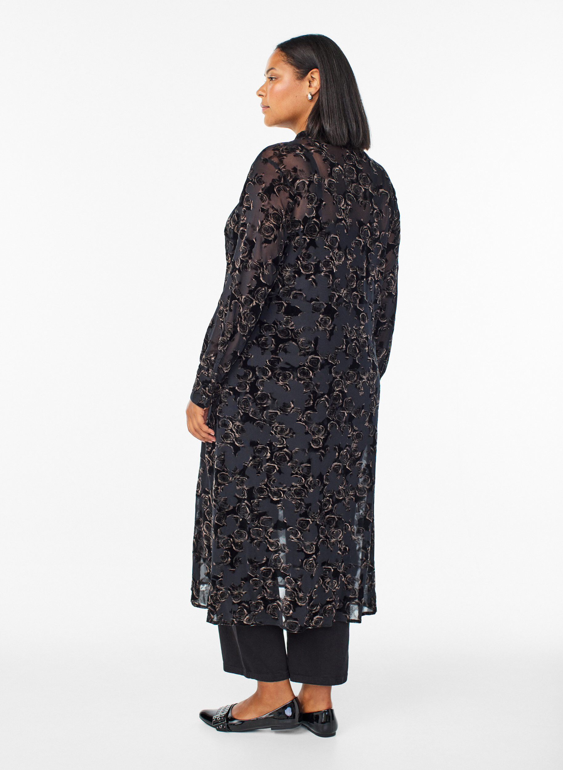 Zizzifashion Mesh midi dress with velour roses, Black, Model image number 1