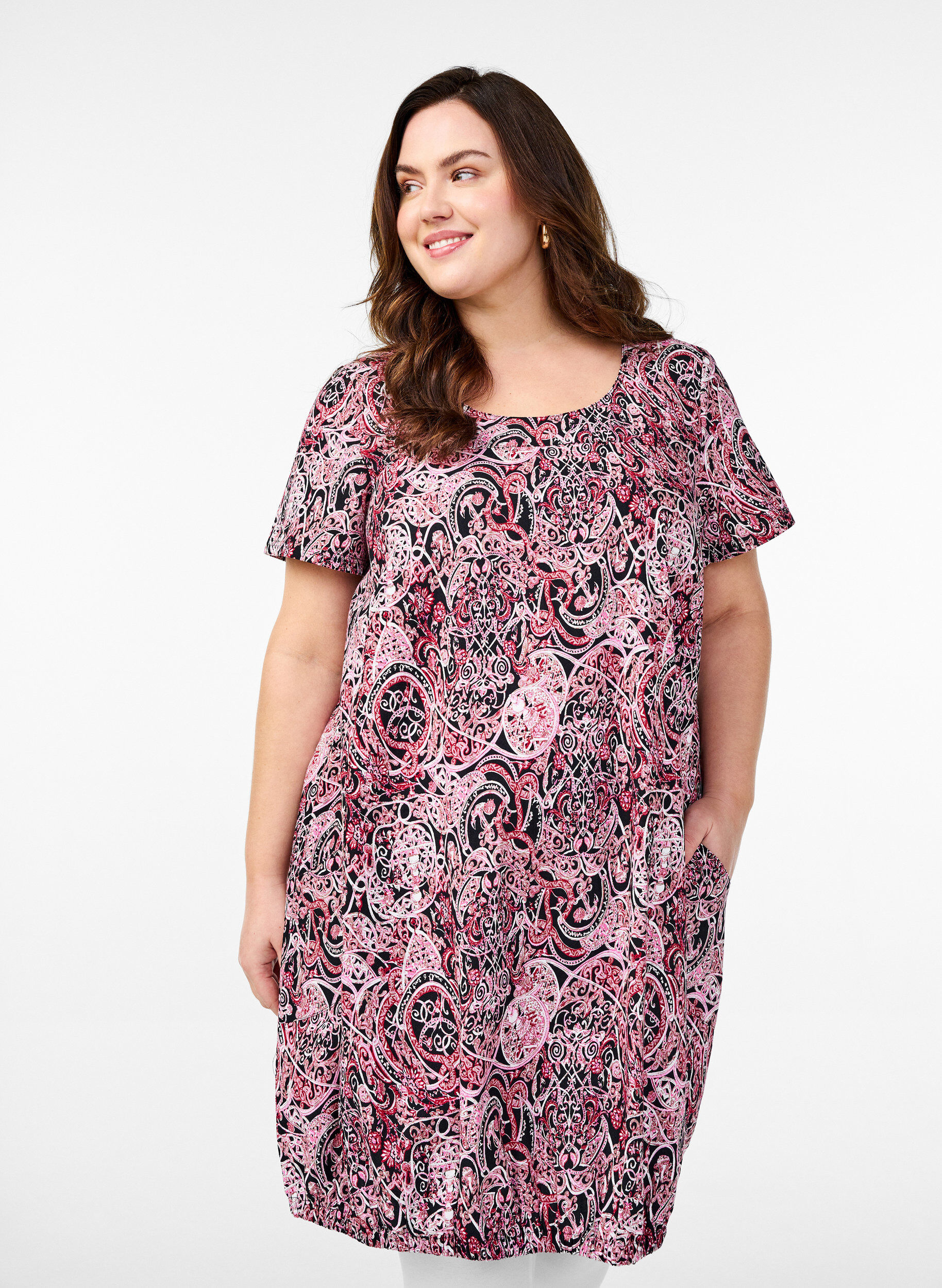Short-sleeved cotton dress with print, Black, Model