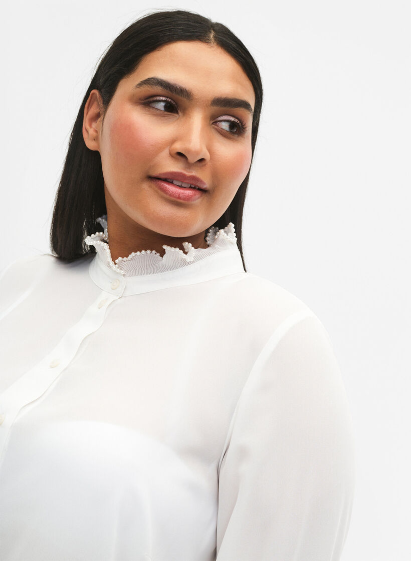 Shirt blouse with ruffle details, Bright White, Model image number 2