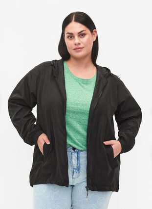 Short jacket with hood and adjustable bottom, Black, Model image number 0
