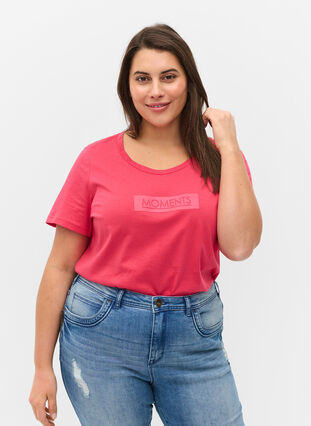 Short-sleeved cotton t-shirt with a print, Raspberry TEXT, Model image number 0