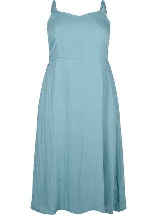 Plain coloured viscose strap dress with smock, Smoke Blue, Packshot image number 0