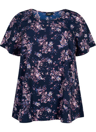 FLASH - Blouse with short sleeves and print, Navy Rose Flower, Packshot image number 0