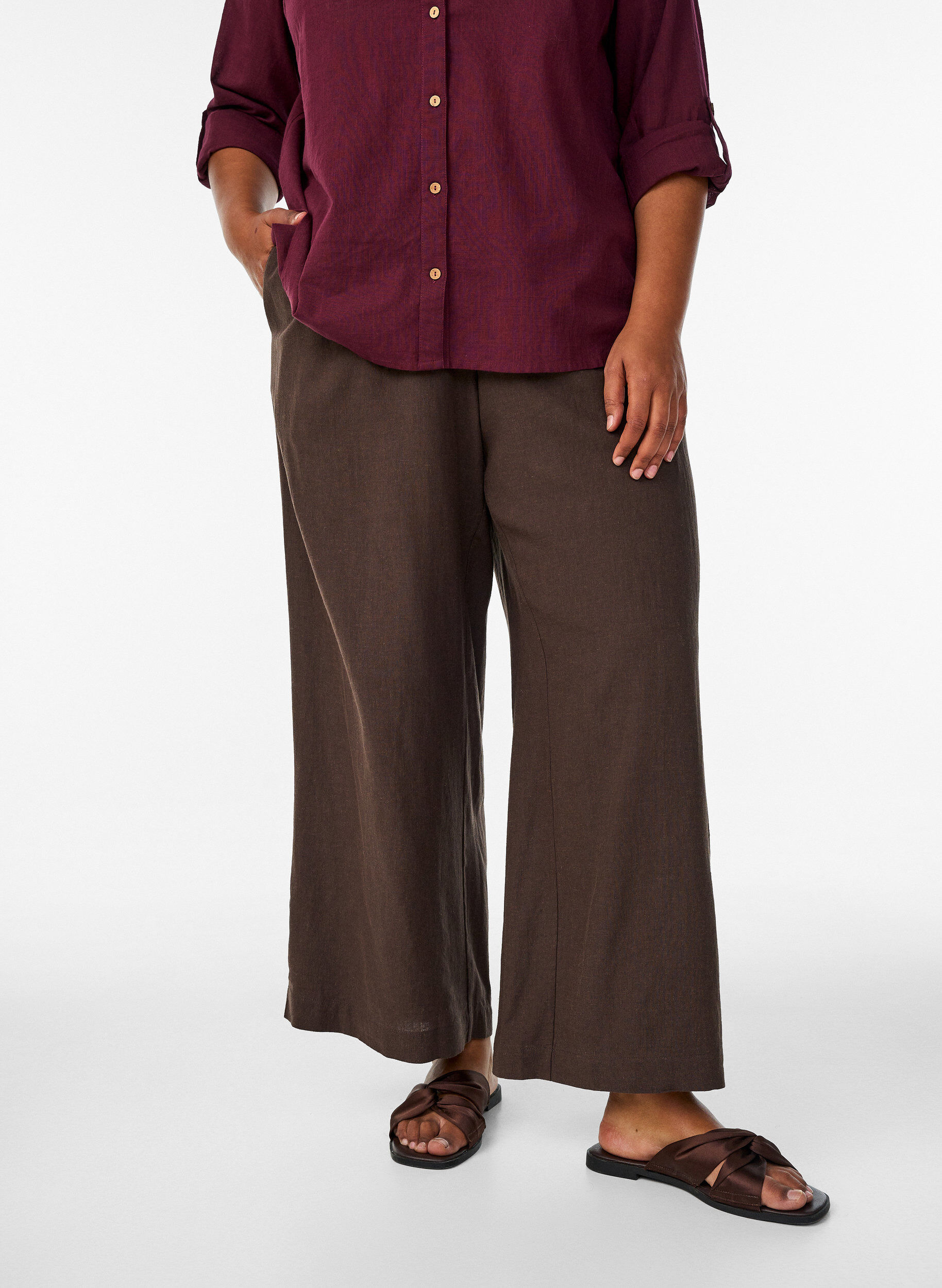 ZizzifashionWide-leg linen and viscose trousers, Brown, Model image number 2