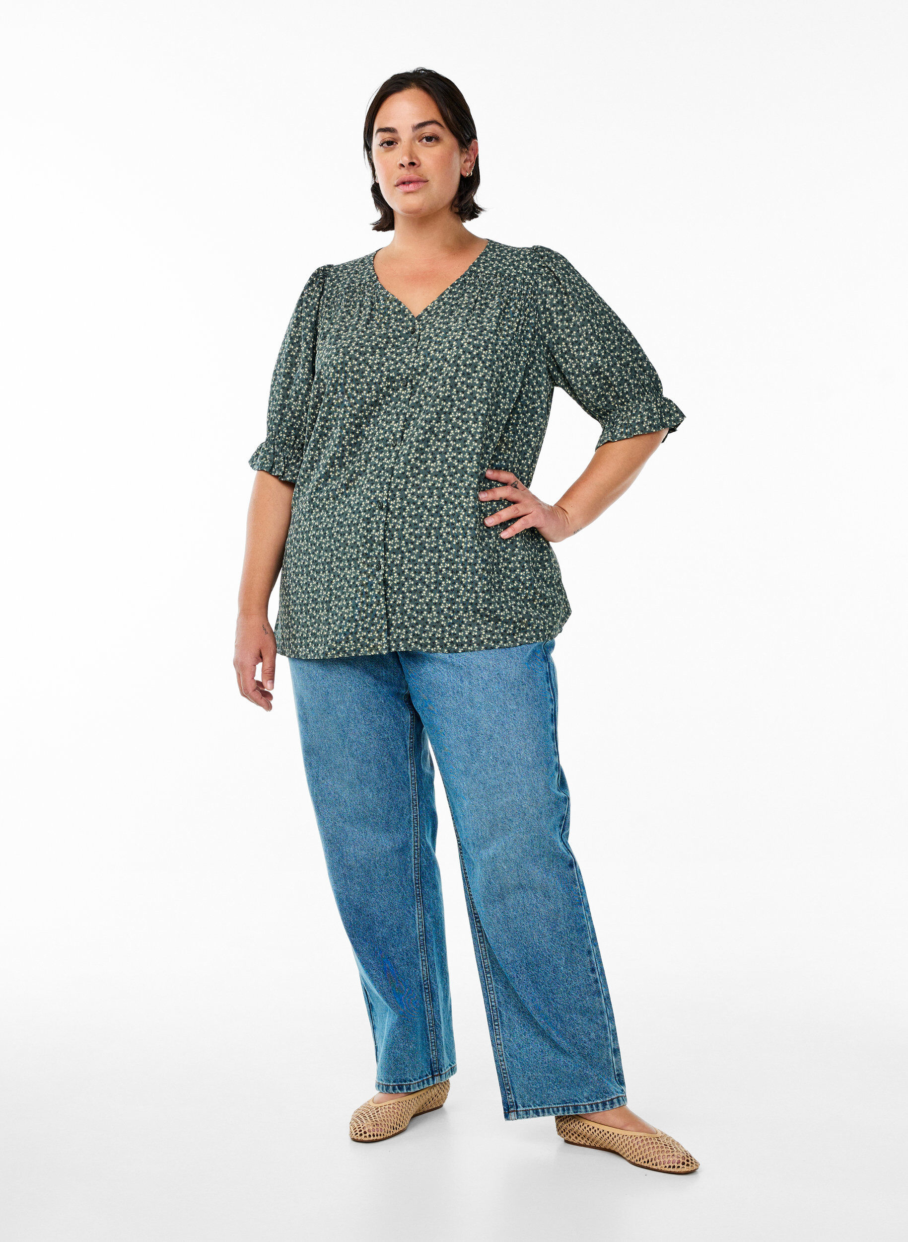 ZizzifashionShirt blouse with 1/2 sleeves, Green, Model image number 1