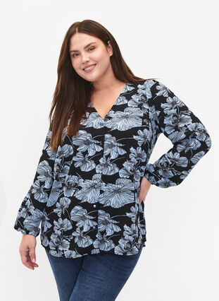 Shirt blouse with v-neck and print, Black B. Flower AOP, Model image number 0