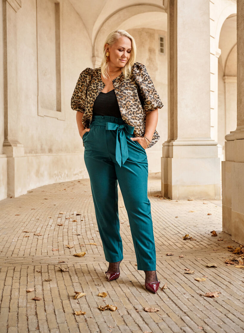 High-waisted trousers with ruffles and a tie belt, Sea Moss Melange, Image image number 0