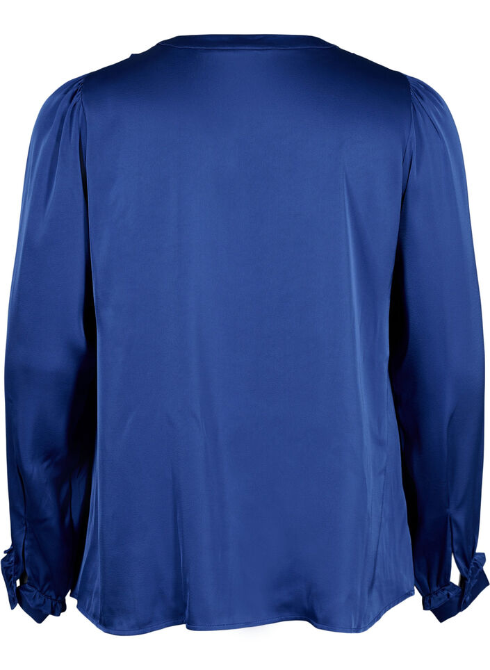Satin shirt blouse with ruffle details, Deep Ultramarine, Packshot image number 1