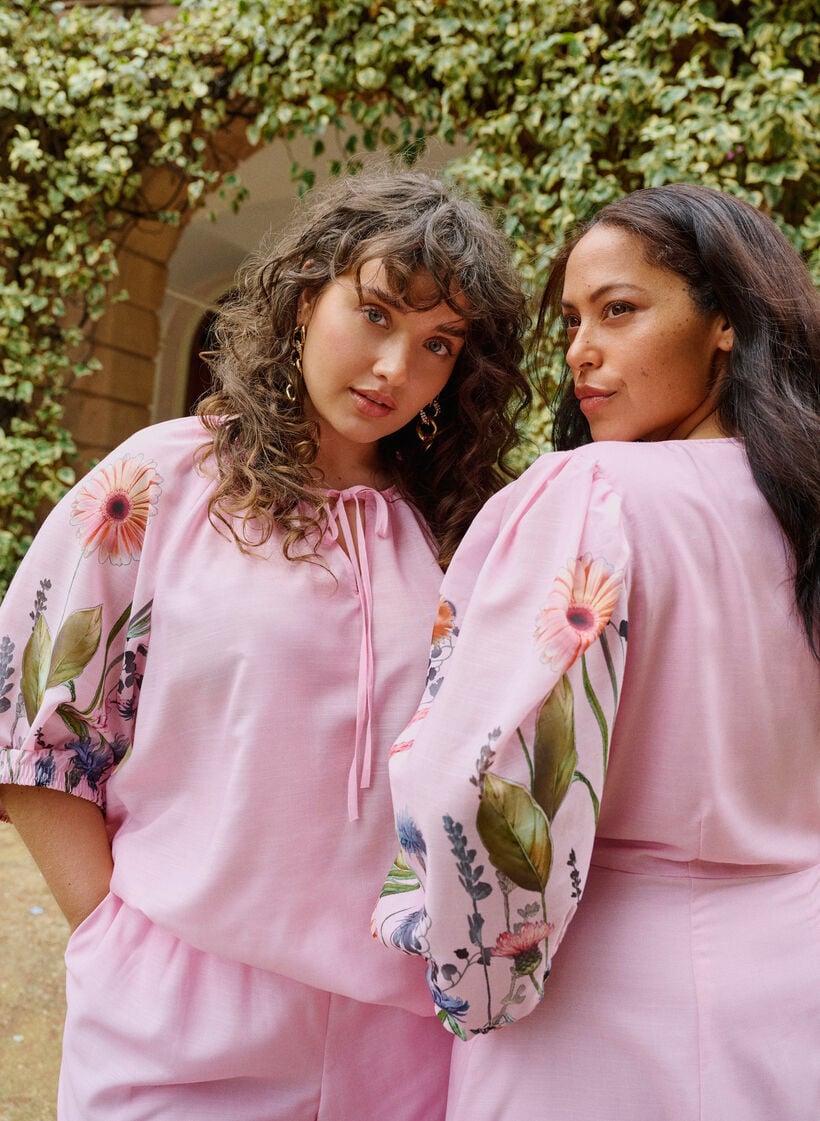 Blouse with tie detail and floral print sleeves, Pink, Image