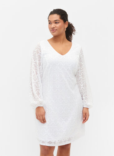 Lace dress with v neck and long sleeves, Bright White, Model image number 0
