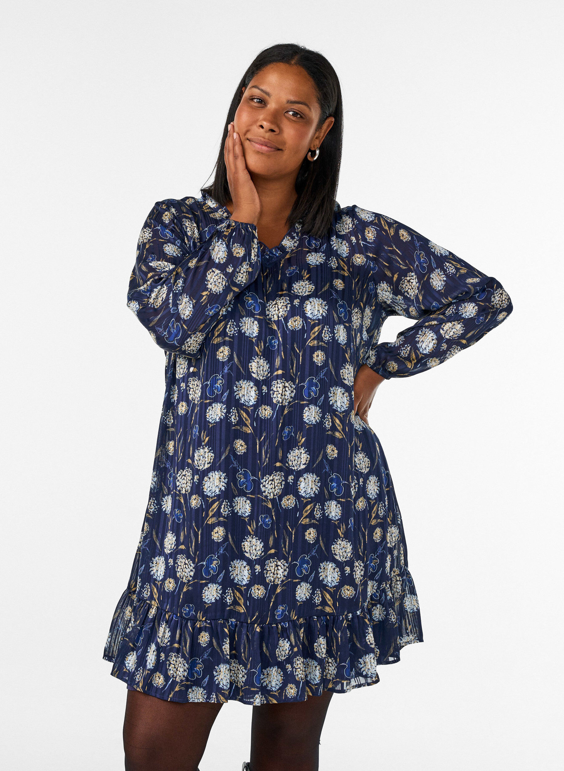 ZizzifashionPatterned dress with ruffles and long sleeves, Blue, Model image number 0
