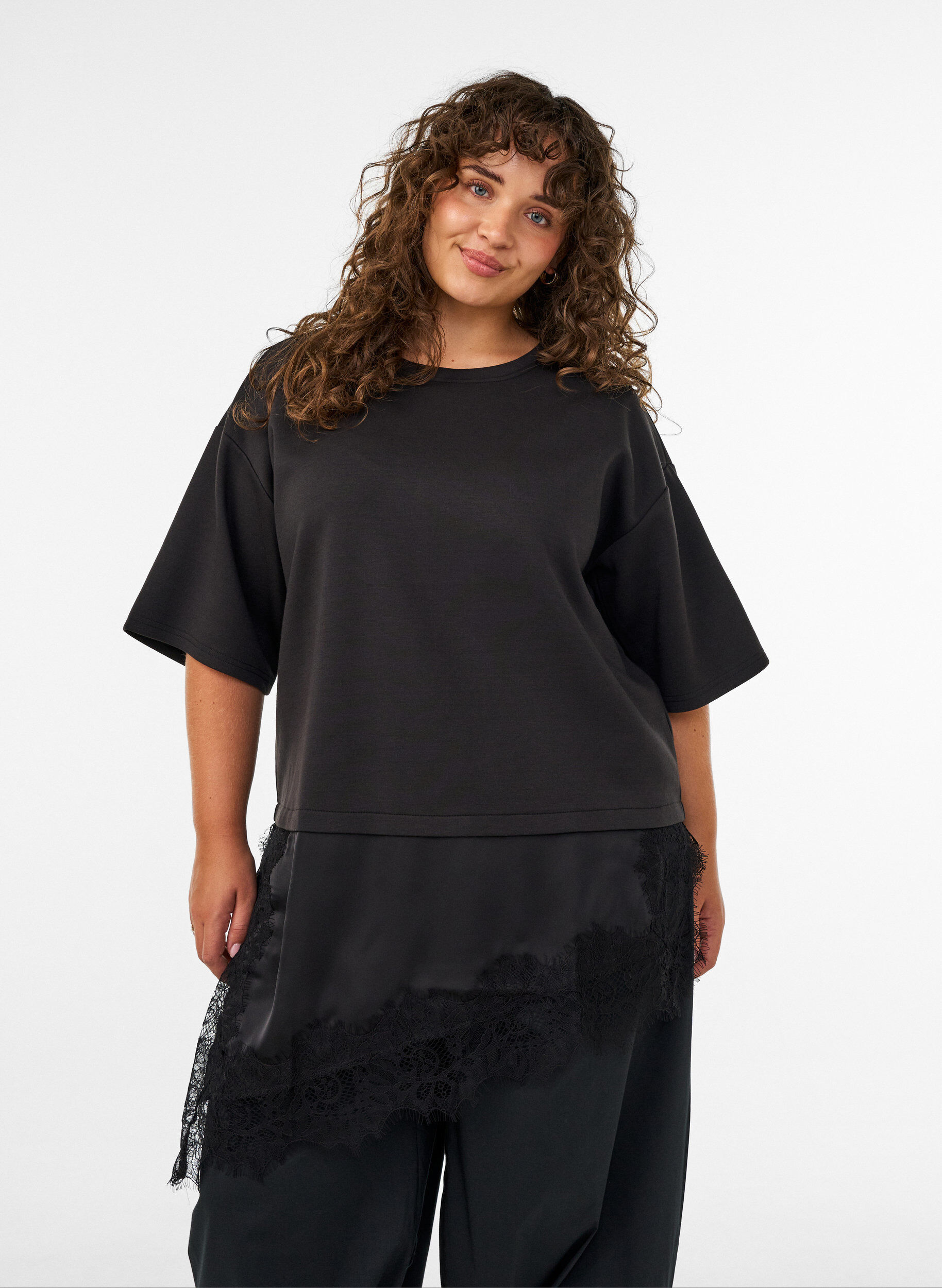ZizzifashionJersey blouse with a layered look and lace, Black, Model image number 0