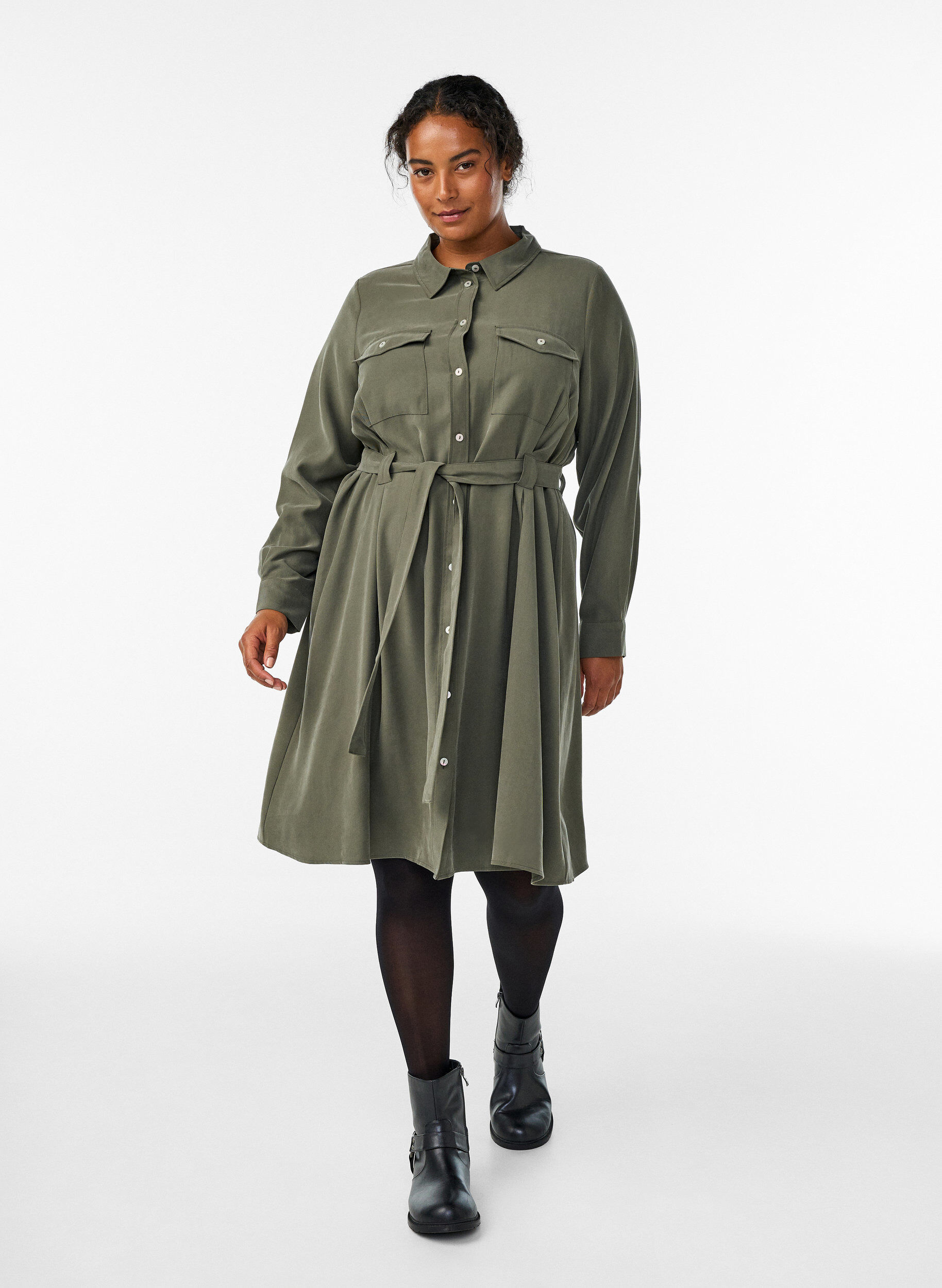 Zizzifashion Shirt dress with tie belt and long sleeves, Green, Model image number 1