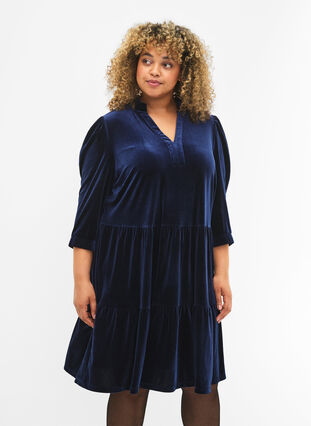 Velour dress with ruffle collar and 3/4 sleeves, Navy Blazer, Model image number 2