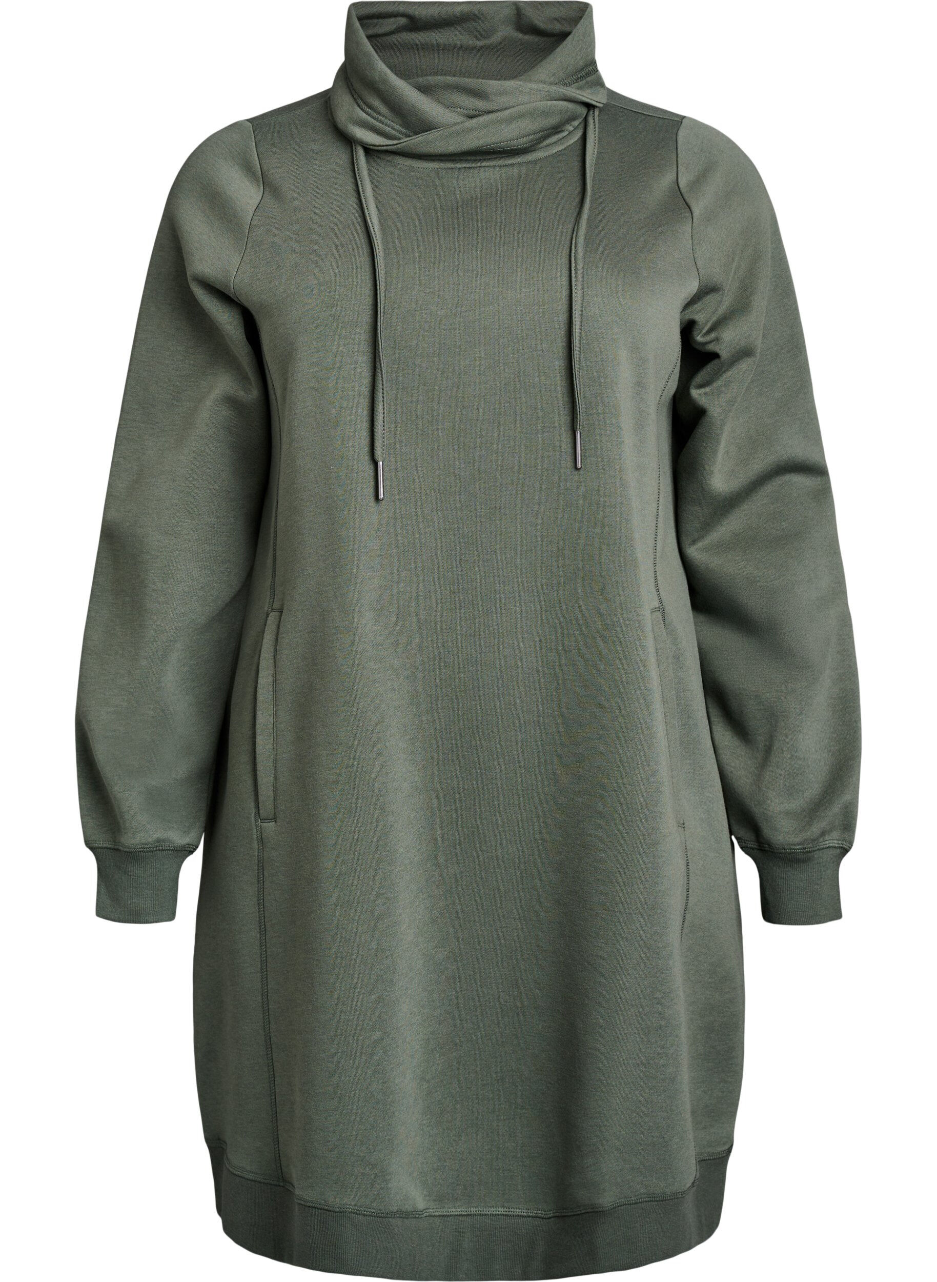Zizzifashion Short sweatshirt dress with high collar and pockets, Green, Packshot image number 0