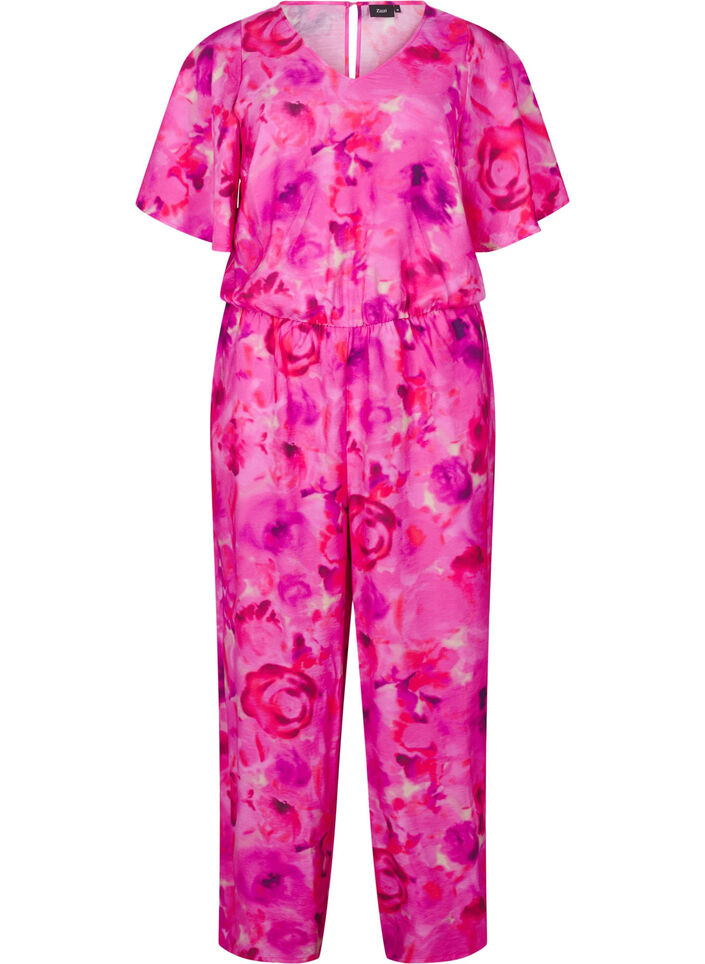 Floral jumpsuit with batwing sleeves, Pink Rose AOP, Packshot image number 0