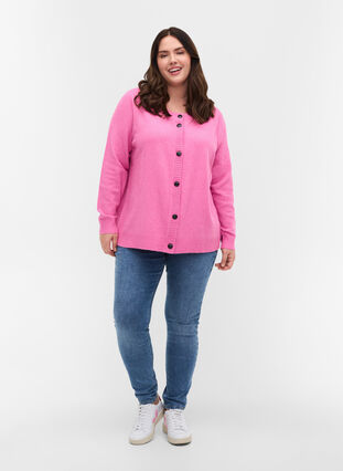 Short knitted cardigan with contrast-colour buttons, Wild Orchid Mel., Model image number 2