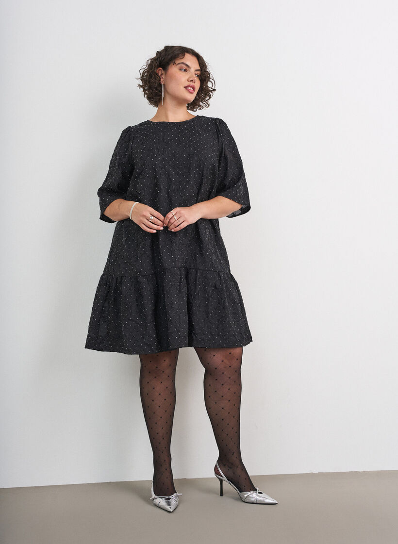 Jacquard dress with sparkly details and puff sleeves, Black, Model image number 1