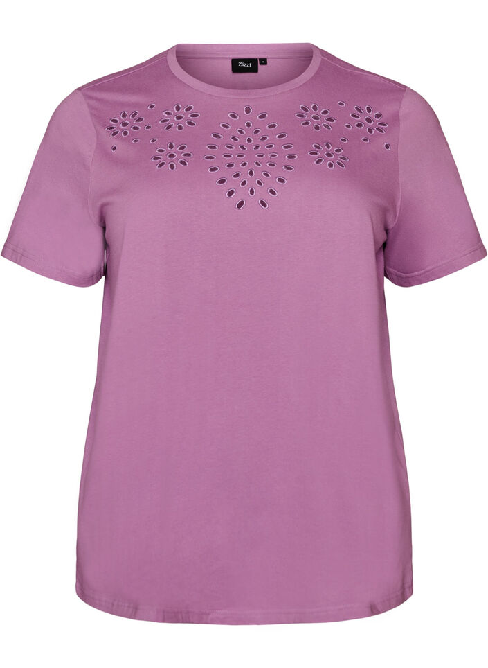 Organic cotton T-shirt with eyelet embroidery, Purple, Packshot image number 0