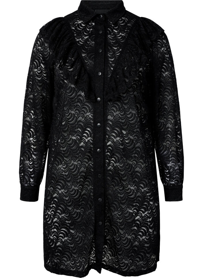 Lace shirt dress with frills, Black, Packshot image number 0