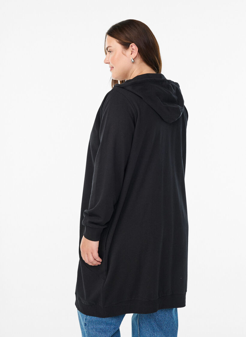 Long cotton sweat cardigan with hood, Black, Model image number 2