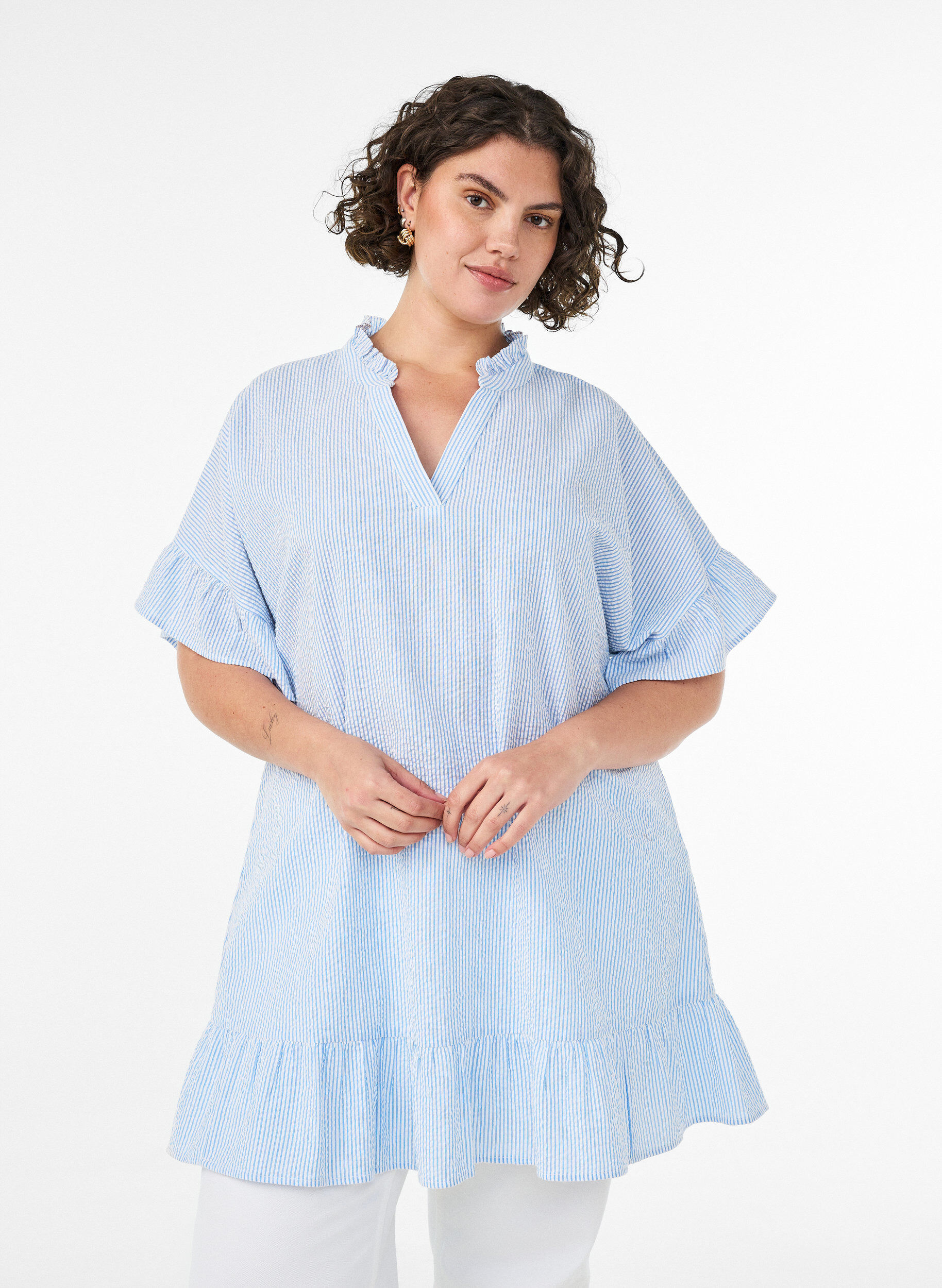 ZizzifashionCotton tunic with stripes and ruffle details, Light Blue, Model image number 0