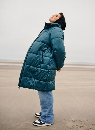 Shiny puffer jacket with zipper and pockets, Deep Teal, Image image number 0