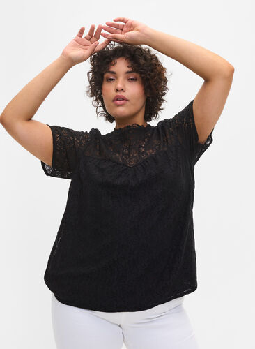 Short-sleeved lace blouse, Black, Model image number 0