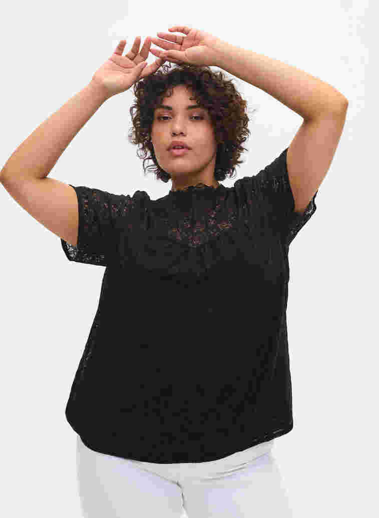 Short-sleeved lace blouse, Black, Model