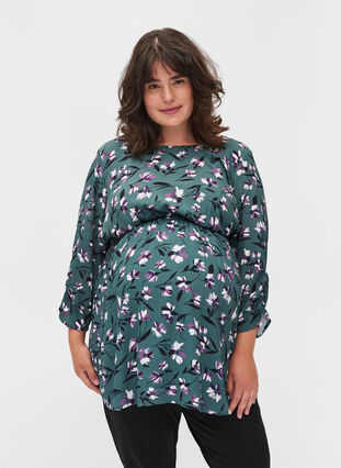 Maternity blouse in viscose and floral print, Silver Pine Flower, Model image number 0