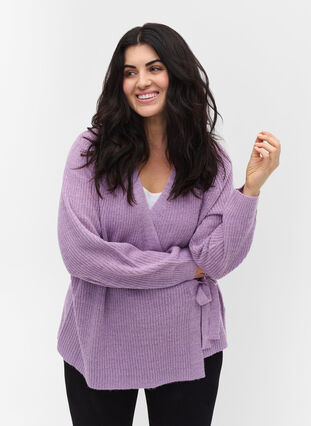 Knitted cardigan with wrap detail, Purple Rose Mel, Model image number 0