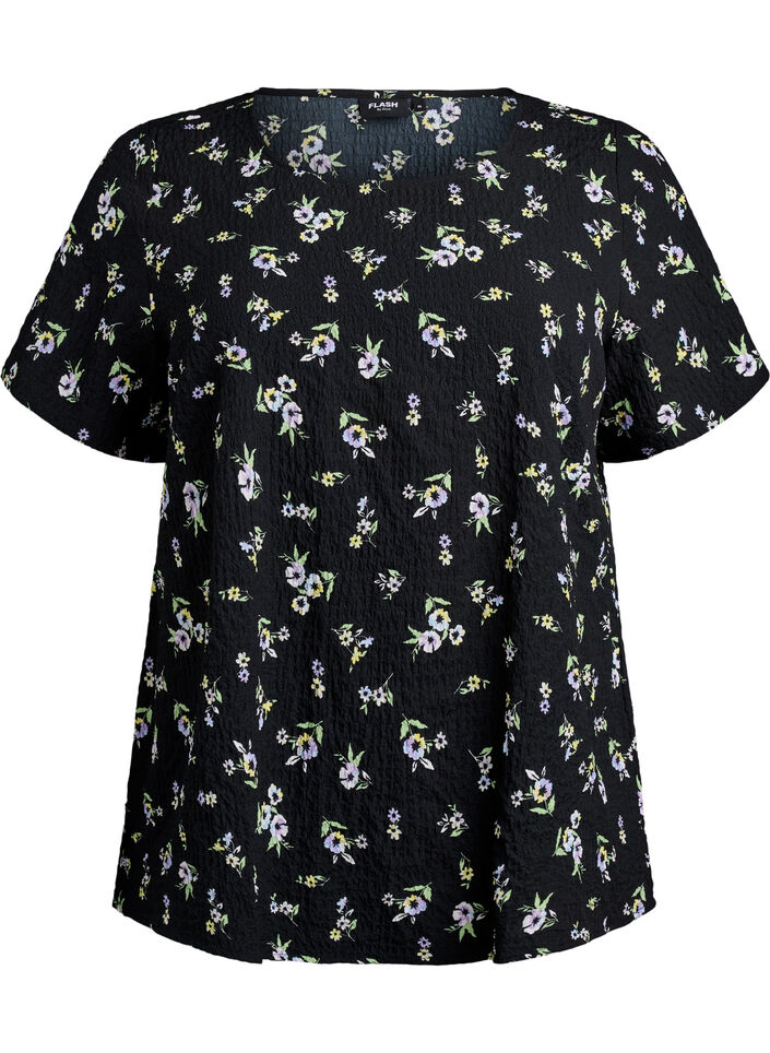 Short-sleeved blouse with texture, Black, Packshot image number 0