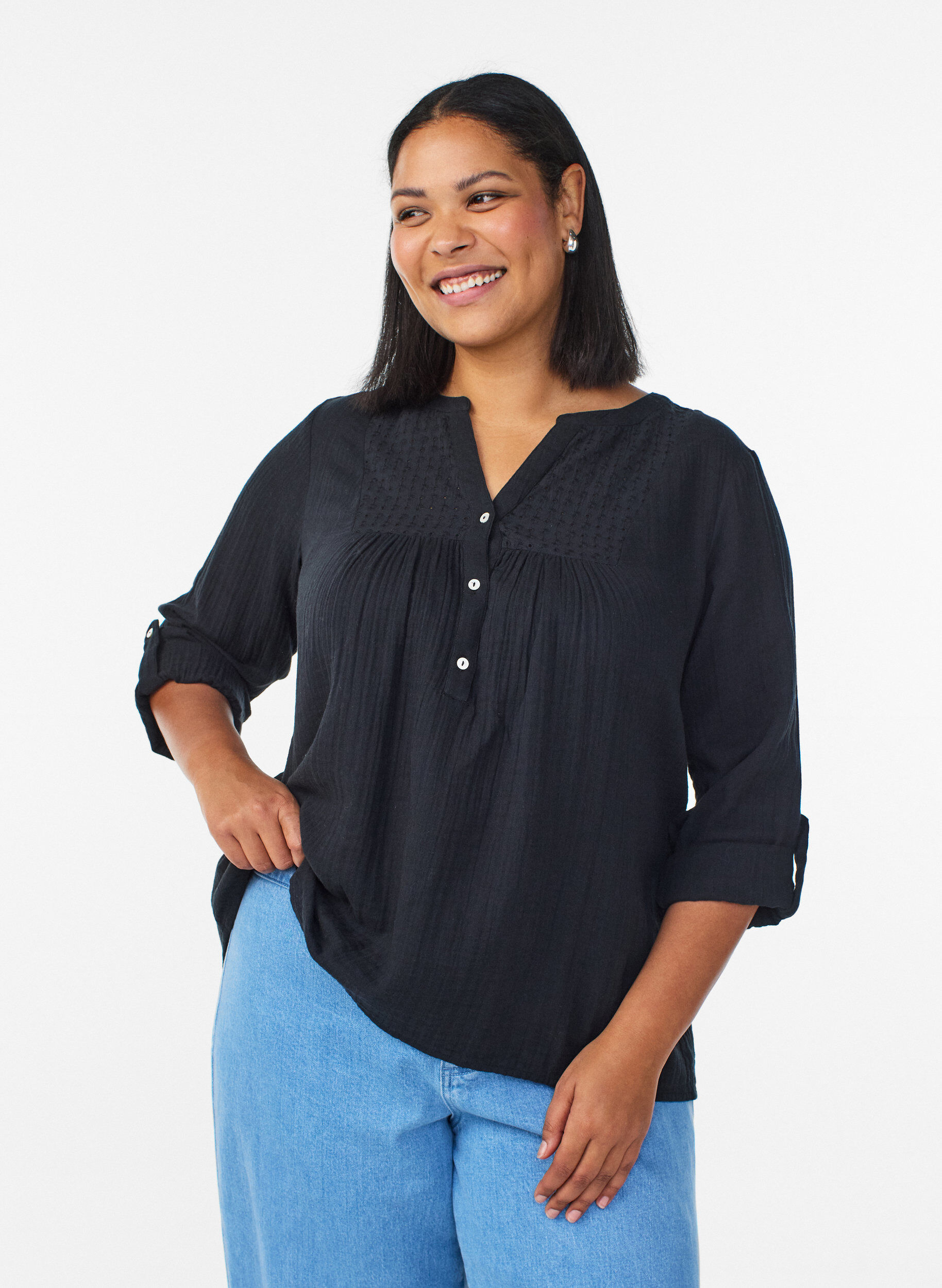Blouse in cotton muslin with broderie anglaise, Black, Model