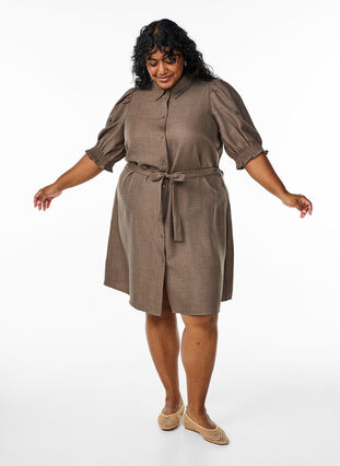 Knee-length shirt dress with tie belt - Brown - Sz. 40-64 - Zizzifashion Knee-length shirt dress with tie belt - Brown - Sz. 40-64 - Zizzifashion