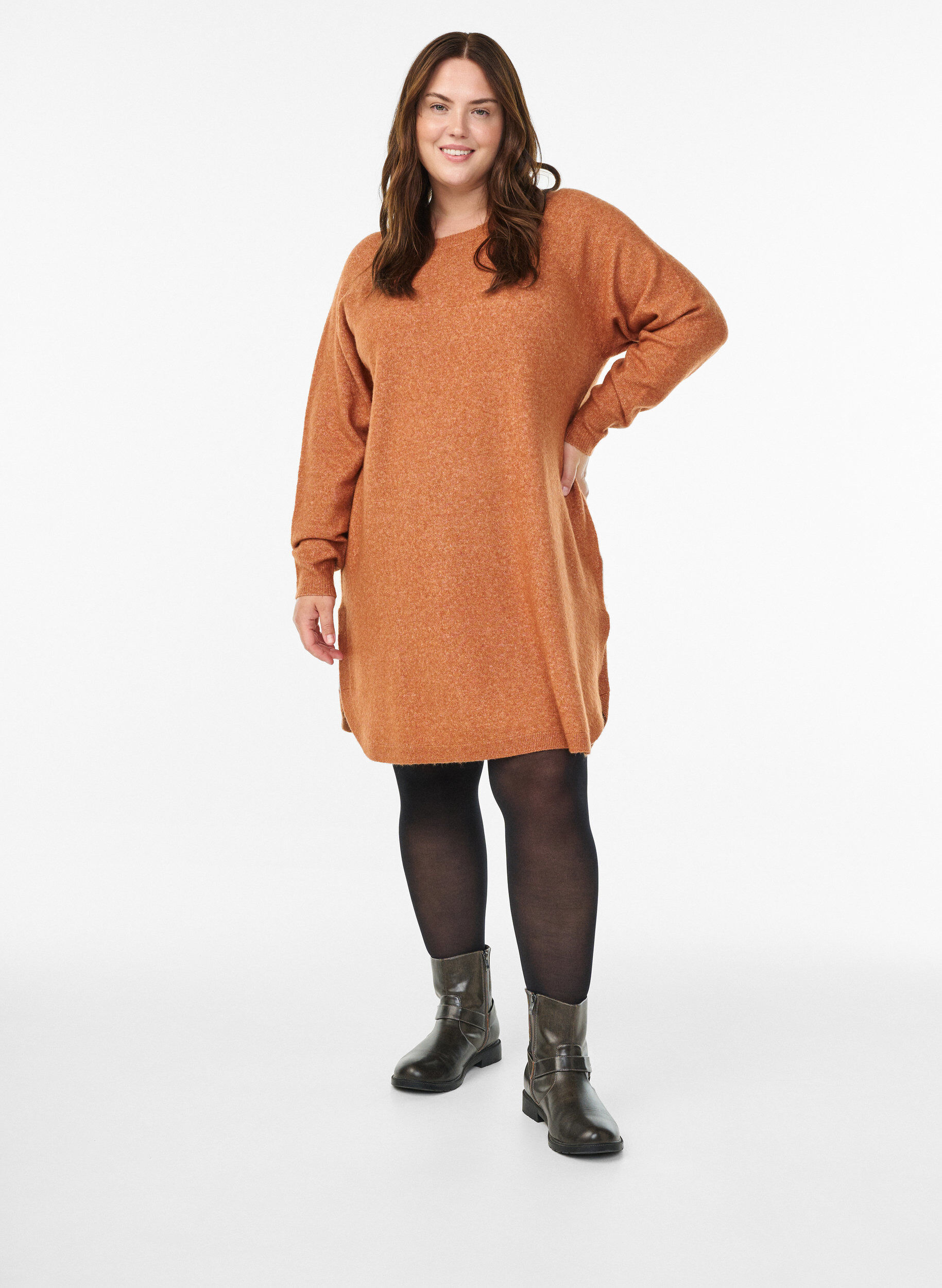 Zizzifashion Short knitted dress with a round neck, Orange, Model image number 1