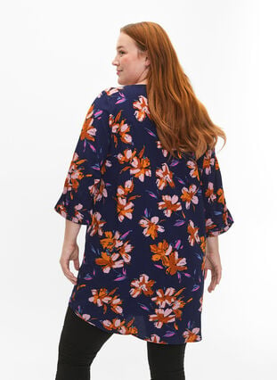 Floral tunic with 3/4 sleeves, Peacoat Flower AOP, Model image number 1