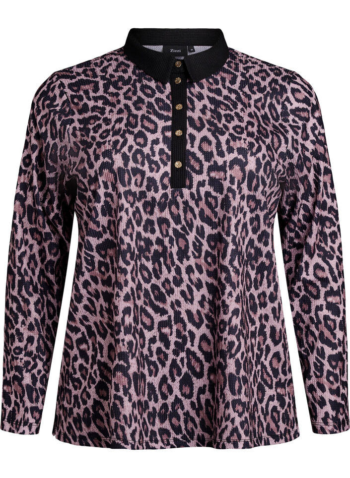 Polo shirt with leopard print and gold-coloured buttons, Brown, Packshot image number 0