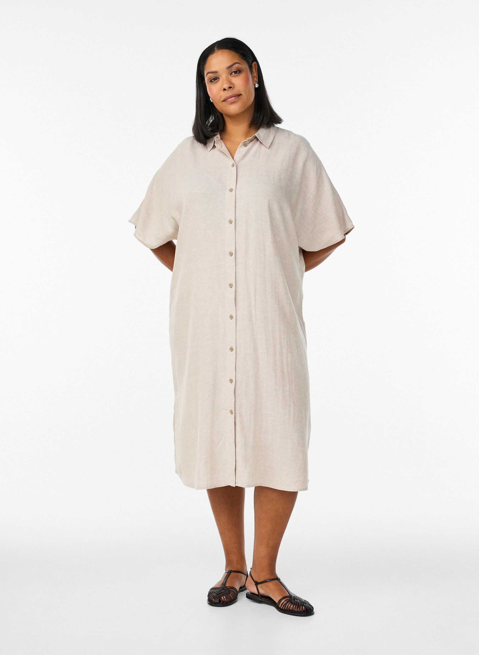 Zizzifashion Shirt dress in linen and viscose with short sleeves, Beige, Model image number 1
