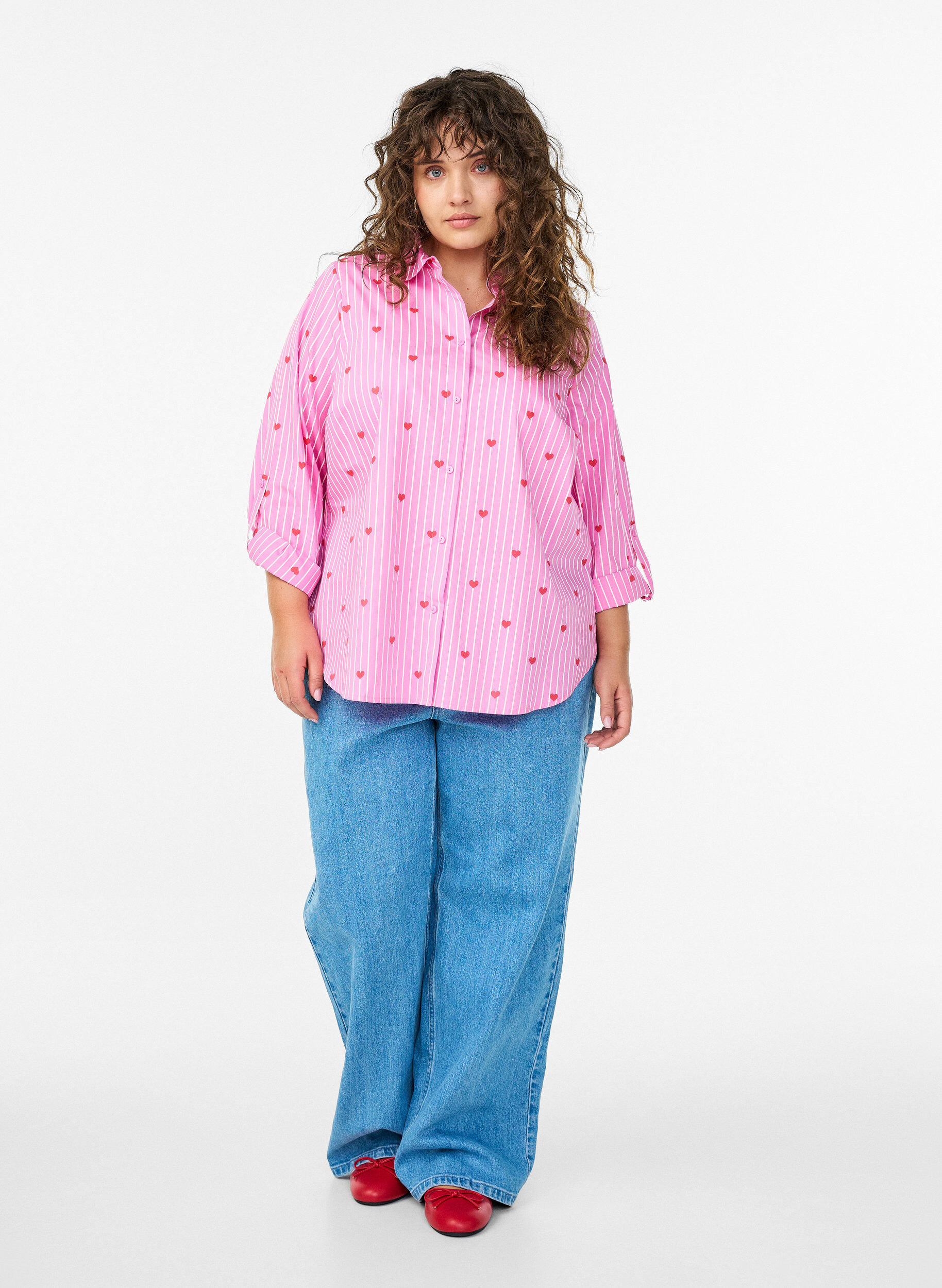 ZizzifashionShirt blouse with stripes and hearts, Pink, Model image number 1